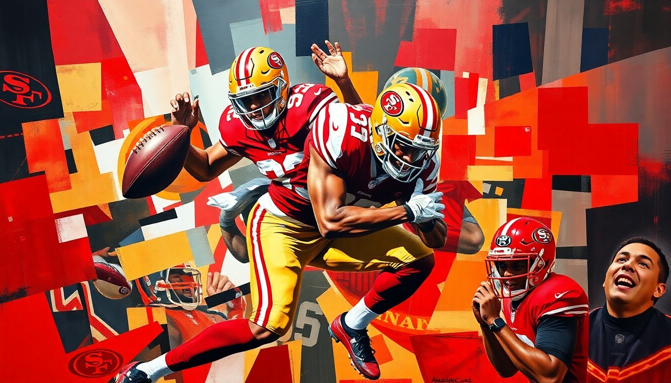 A fractured, geometric painting in vibrant red, gold, and black colors, depicting the abstract shapes and angles of a 49ers linebacker making a tackle, conveying the dynamic action of an NFL defensive play.