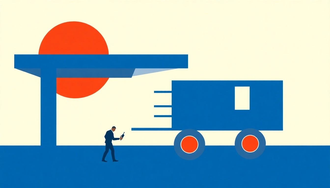 A vibrant abstract composition of overlapping triangles and circles in shades of red, blue, and yellow, conceptually representing the financial strain of rising gasoline prices on workers' earnings.
