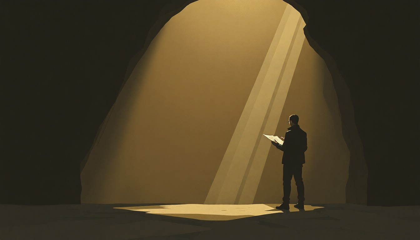 A solitary figure stands in a dimly lit, cavernous underground space, examining architectural plans or blueprints, in muted, earthy tones of brown, gray, and ochre, conceptually illustrating the uncertainty and potential implications of the alleged secret facility.