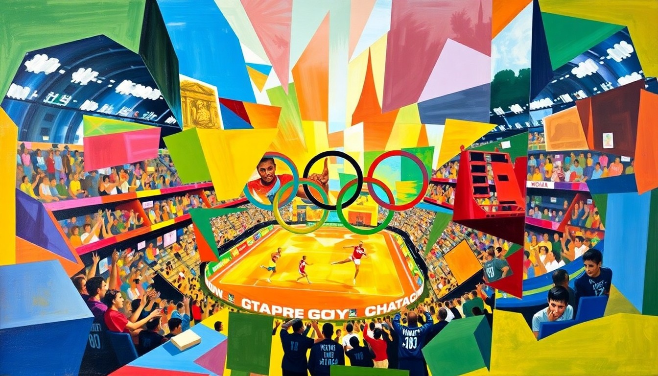 A cubist, geometric painting featuring overlapping planes of bright colors and abstract shapes, conceptually representing the excitement and energy of an Olympic sporting event.