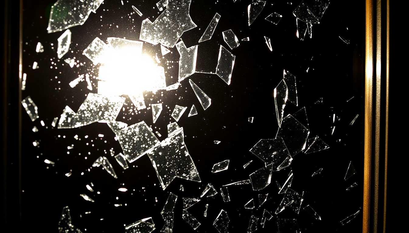 An extreme close-up photograph of shattered glass from a liquor store door, capturing the harsh, gritty aftermath of a property crime incident.