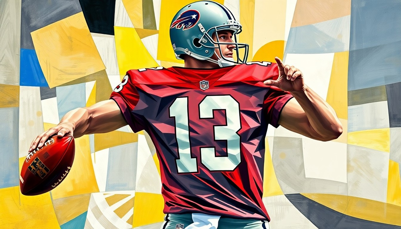 A cubist, geometric painting depicting the fractured, multi-angled form of a football quarterback in action, with the player's jersey number 2 as the central focus rendered in bold, angular shapes.