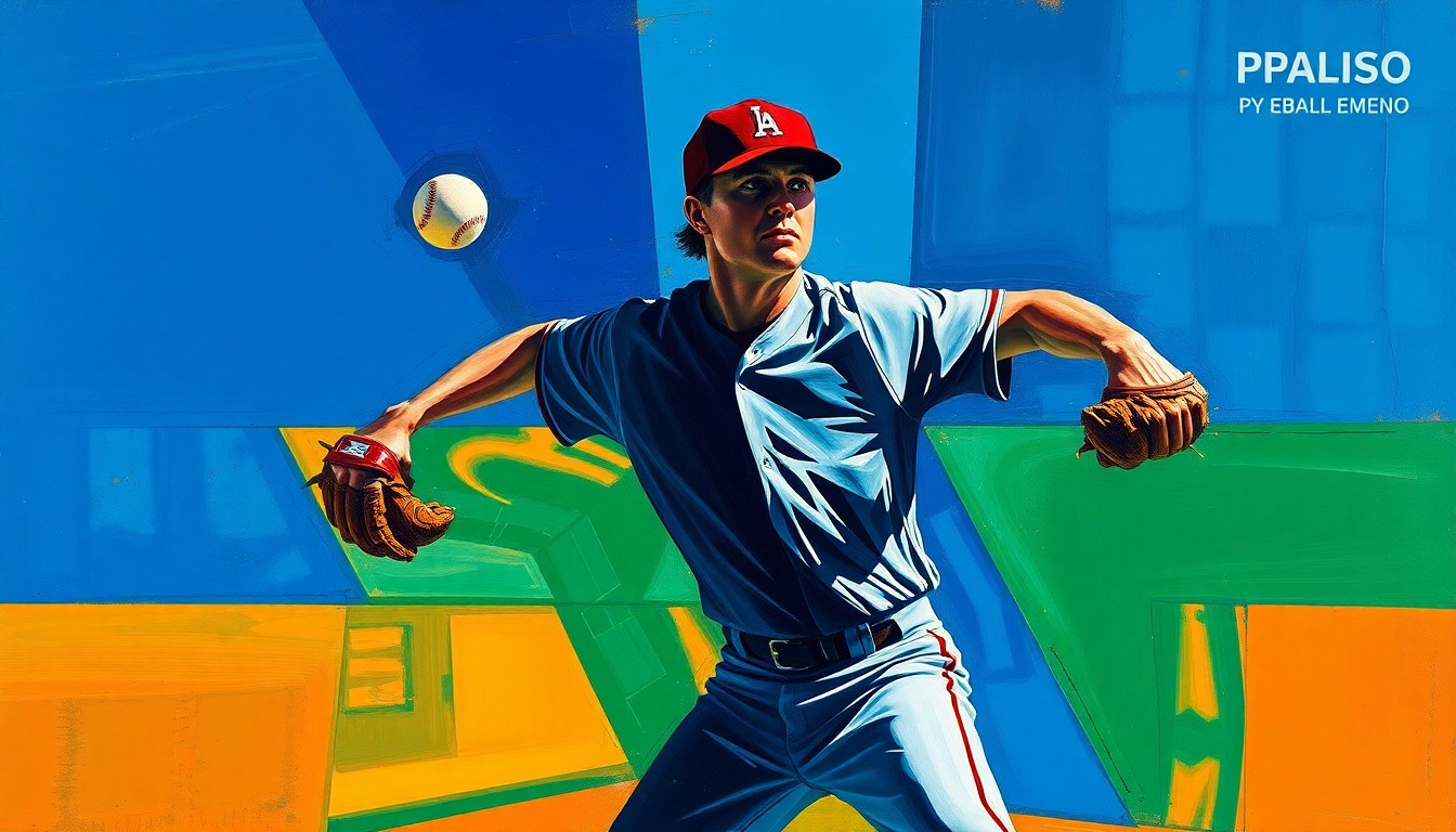 A fragmented, geometric painting depicting a baseball pitcher's windup and delivery, with sharp planes of color representing the Mets' pitching challenges.