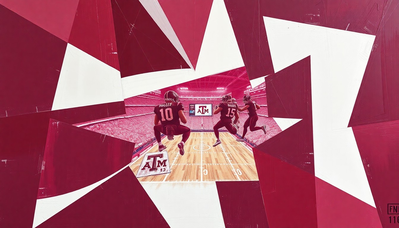 A cubist, geometric illustration depicting fragmented and overlapping shapes in maroon and white, representing the dynamic energy and talent of the Texas A&M football program.