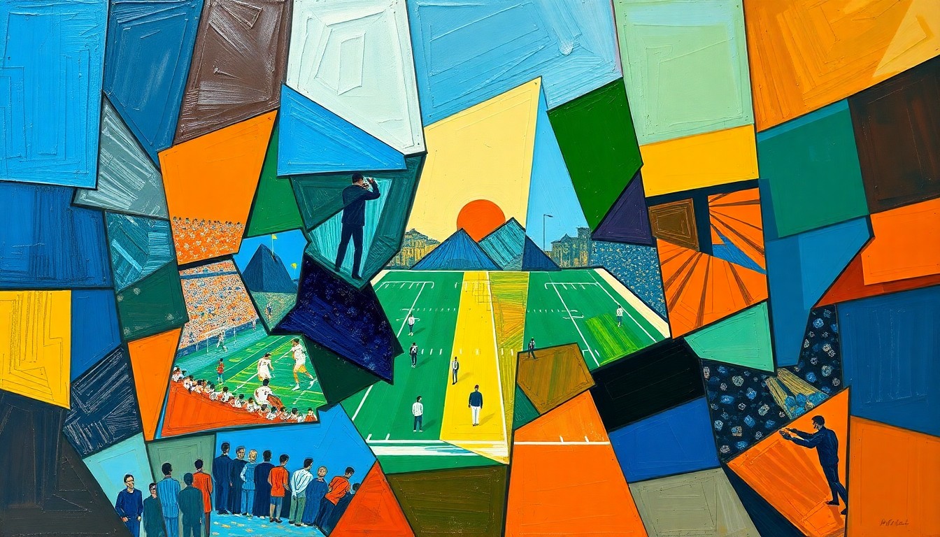 A cubist, geometric painting depicting a fragmented football field, with players and ball broken down into overlapping angular shapes in a vibrant color palette, conceptually representing the complex challenges of regulating rapidly evolving prediction markets.