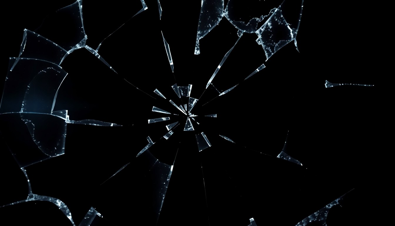 An extreme close-up photograph of shattered car window glass with jagged edges, lit by a harsh, direct camera flash against a pitch-black background, conceptually representing the violence and destruction of the vehicular attack.
