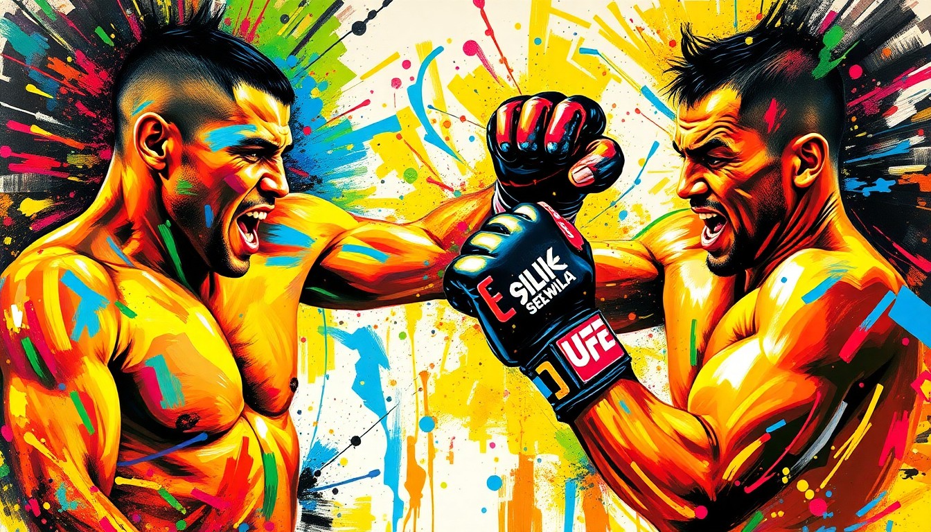 An abstract, expressionist painting featuring rapid, neon-colored brushstrokes that capture the raw energy and intensity of two MMA fighters engaged in combat, their identities obscured in the chaotic, dissolving composition.