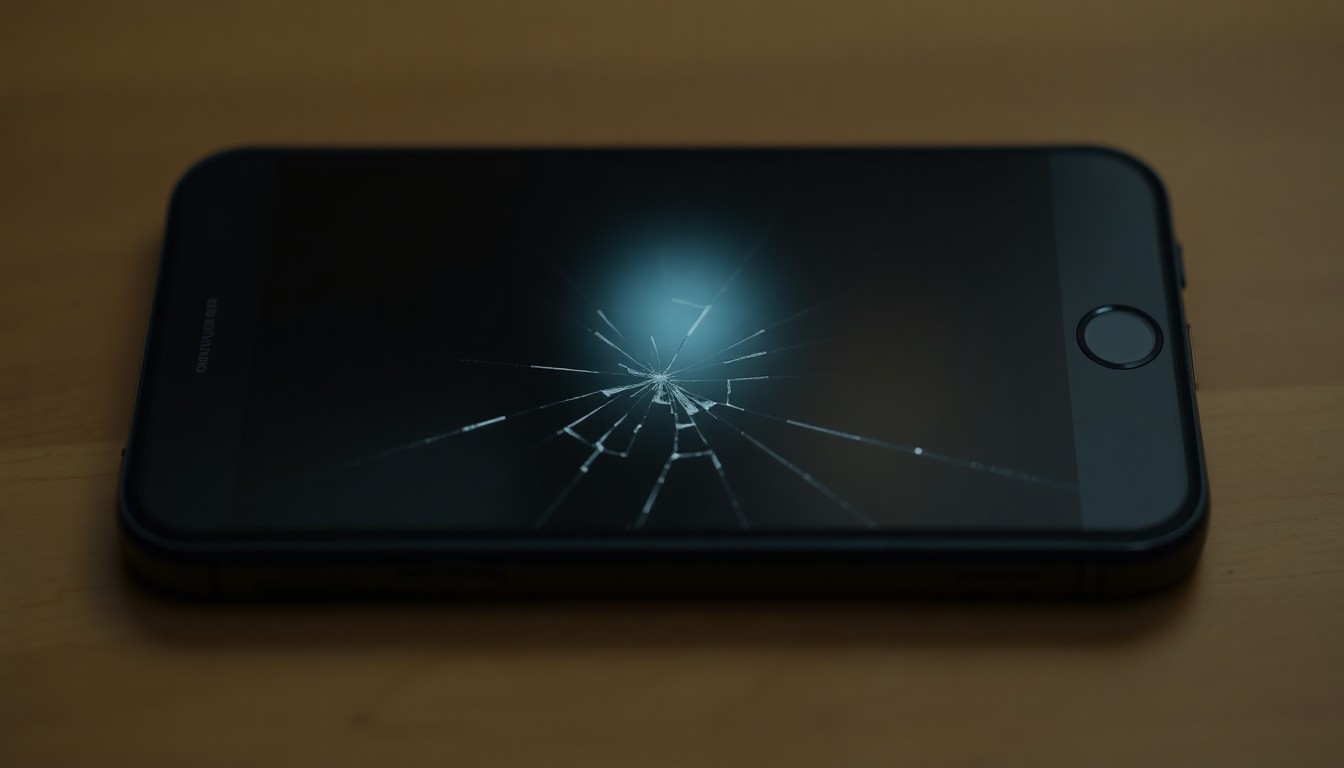 An extreme close-up of a cracked smartphone screen reflecting a faint light, conveying the violation of privacy and trust in a teacher-student sexual abuse case.