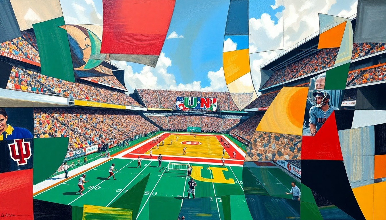 A fragmented, geometric painting depicting a football game, with players and the field broken down into sharp, overlapping planes of color and shape, conveying the dynamic action and strategic depth of the sport.