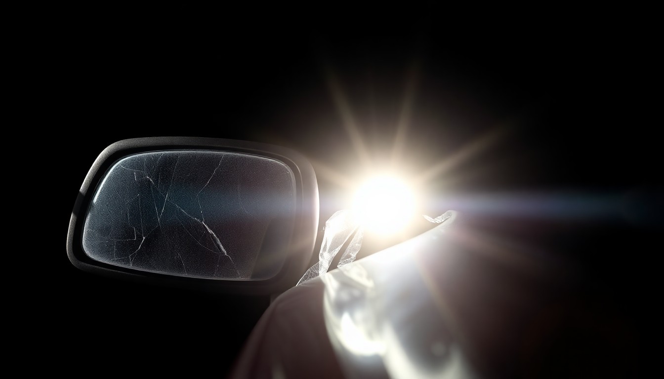 An extreme close-up photograph of a damaged car part, such as a broken side mirror or cracked windshield, lit by a harsh, direct camera flash against a pitch-black background, conceptually illustrating the aftermath of a serious vehicle collision.
