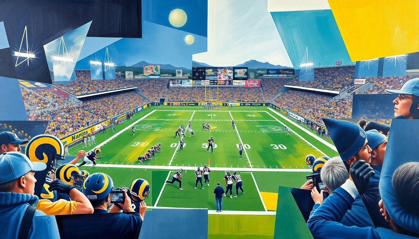 A cubist-style painting depicting a fragmented, geometric representation of a football game, with overlapping planes of color and shape conveying the dynamic energy and competitive spirit of the sport.