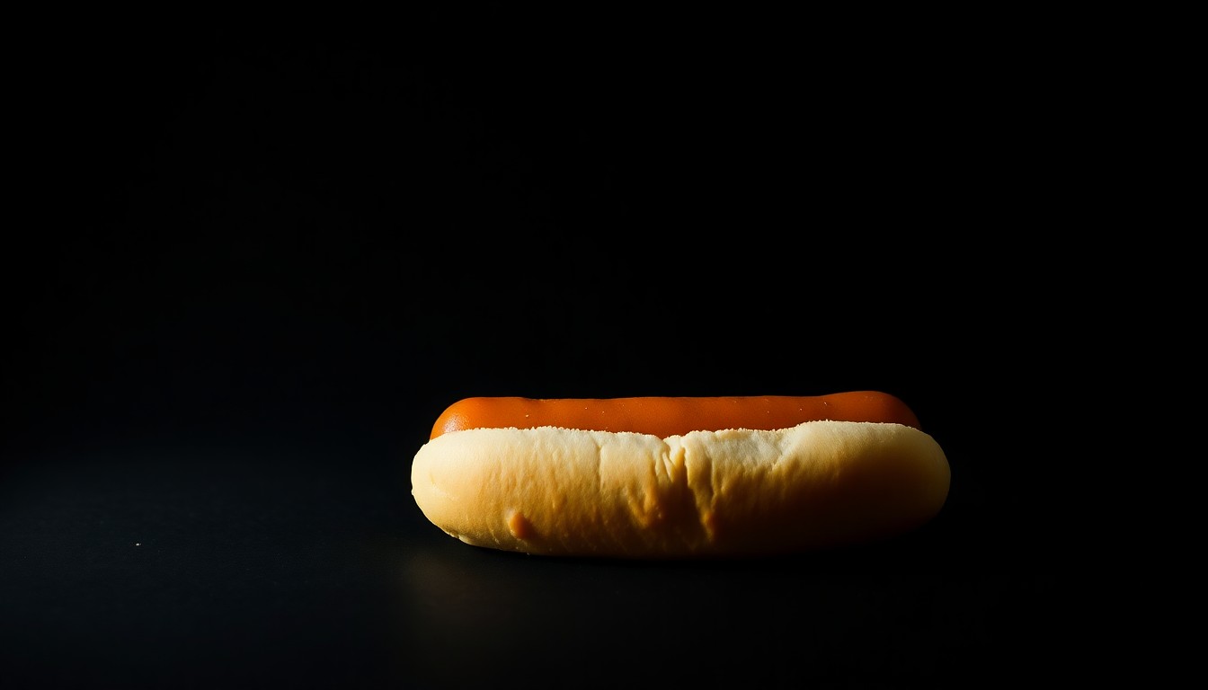 An extreme close-up photograph of a single hot dog on a plain black background, lit by a harsh, direct camera flash. The hot dog appears slightly discolored, conceptually illustrating the presence of an unknown drug substance.