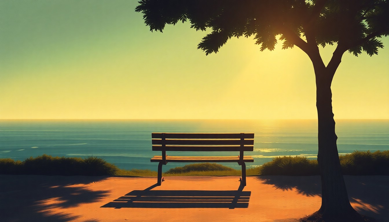 A serene oil painting of a wooden park bench overlooking the ocean, with the warm glow of the sun casting long shadows across the scene, conceptually representing the tranquil civic engagement between a coastal community and its elected officials.