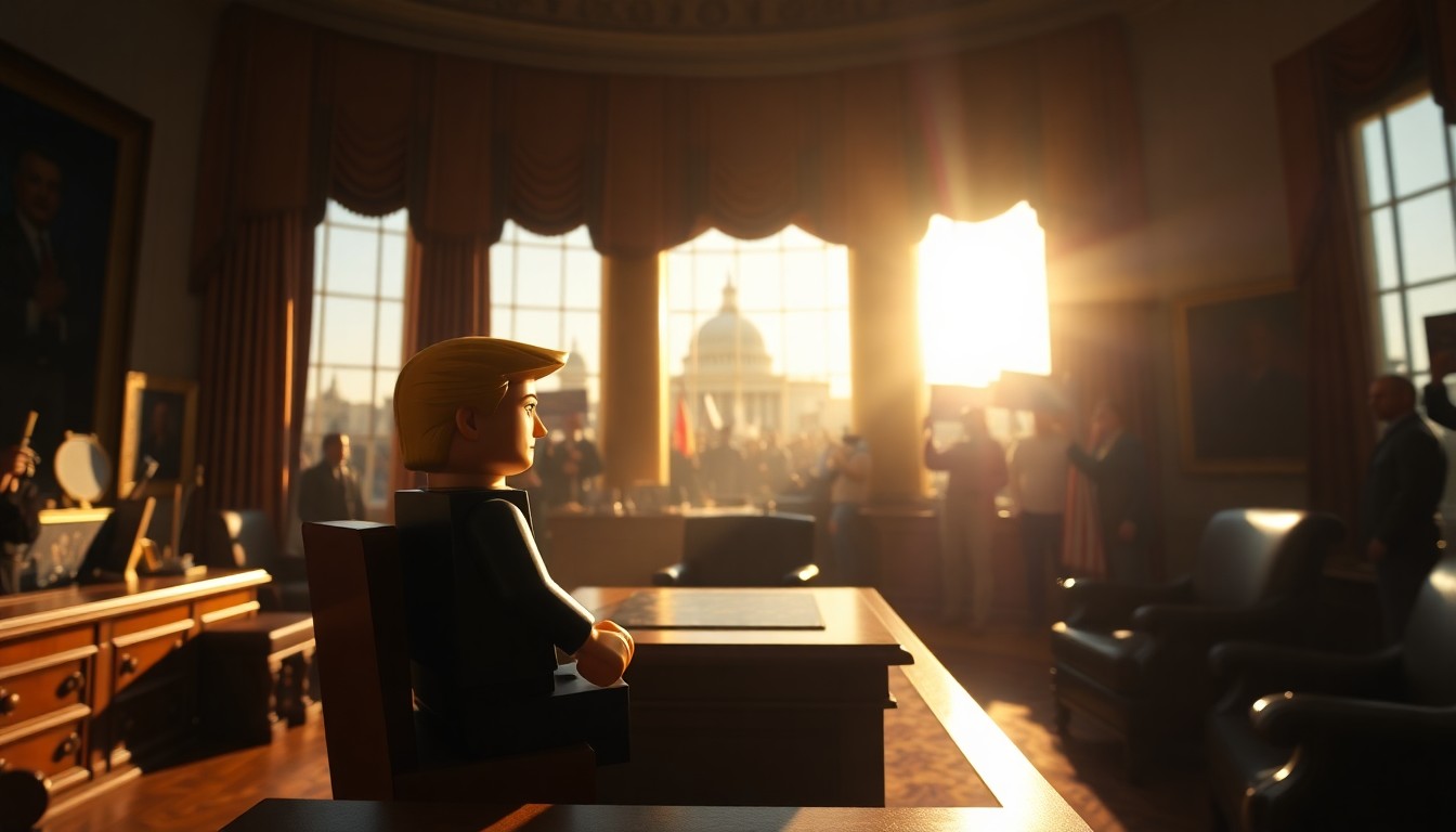 A cinematic painting of a Lego figure of a man sitting alone in an office, with large crowds visible outside the window through the window. The scene is bathed in warm, diagonal sunlight and deep shadows, conceptually representing the isolation and pressure felt by the political figure.