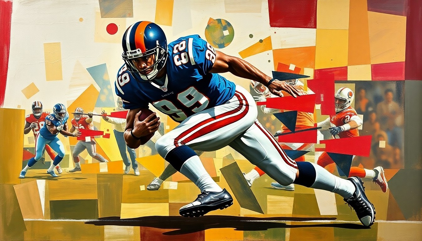 A fragmented, geometric painting depicting the dynamic movements and multiple perspectives of a defensive lineman, conveying the complex decision-making process of a highly recruited prospect.