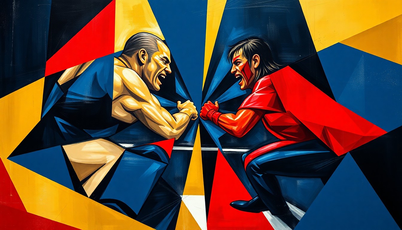 A cubist, geometric painting depicting a wrestling match, with sharp, overlapping planes of navy blue, red, and gold colors representing the official TNA Wrestling color scheme. The abstract, deconstructed visuals capture the raw energy and competitive spirit of the title bout.
