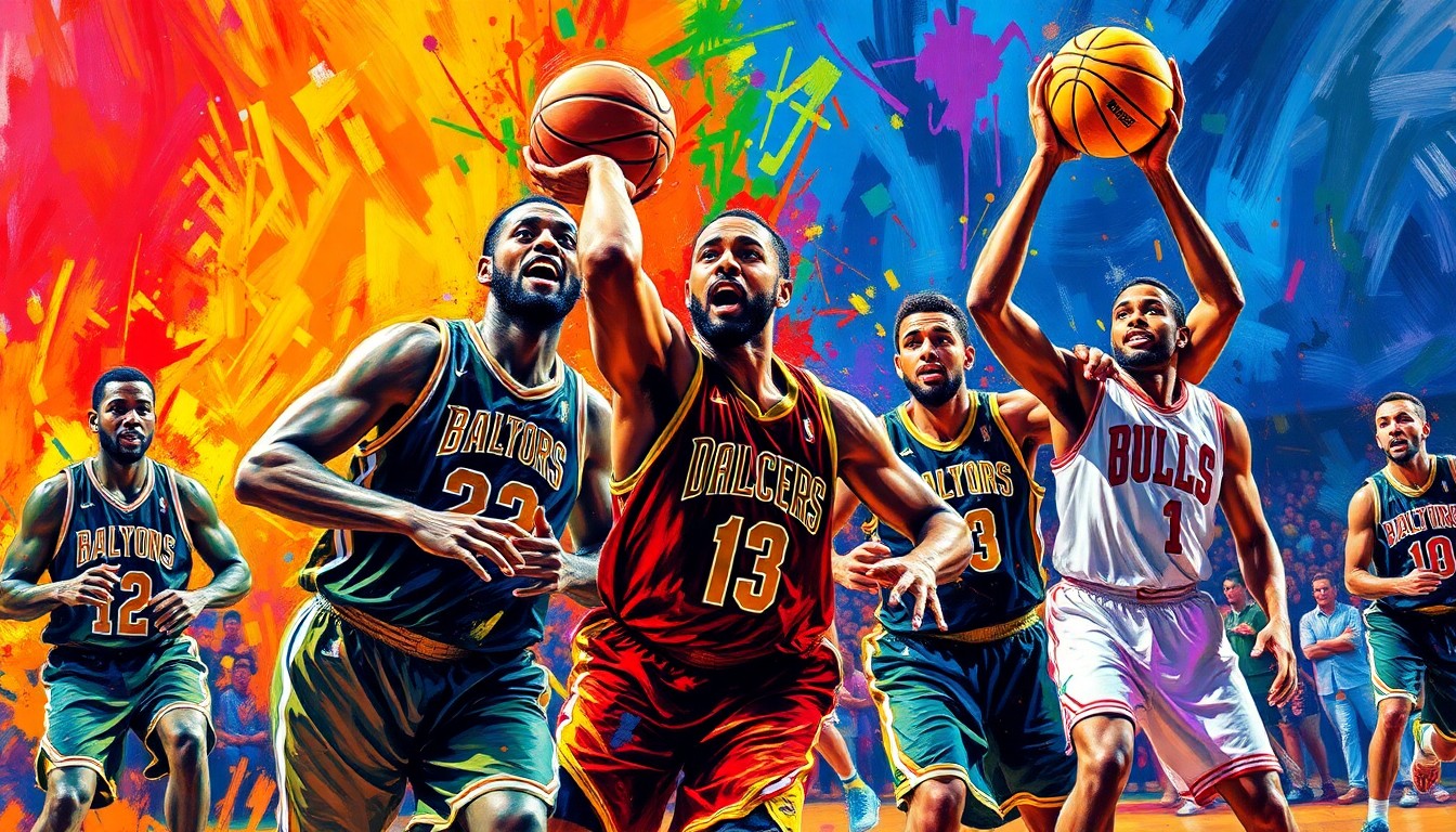 An abstract, expressionist painting featuring vibrant brushstrokes of neon colors that capture the dynamic energy and competitive spirit of a basketball game, with the players' forms dissolved into unrecognizable shapes.