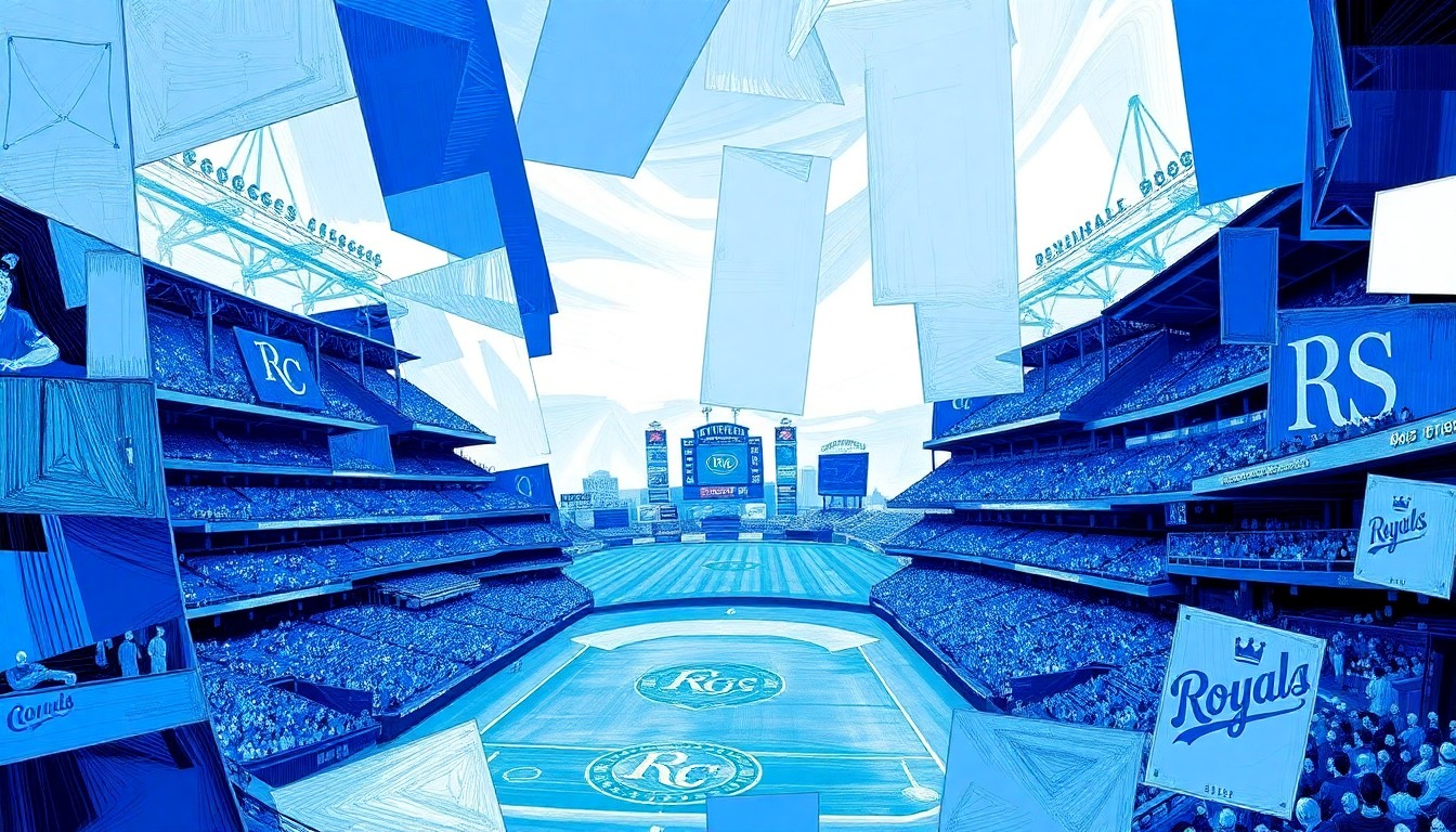 A cubist, geometric painting depicting the abstract forms of a baseball stadium and game action, rendered in the Royals' signature blue and white colors.