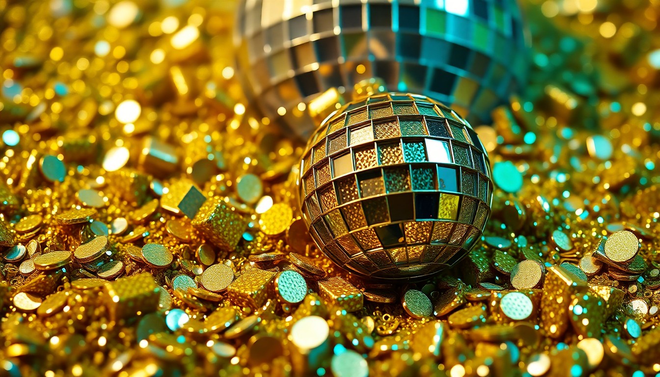 An abstract close-up photograph of sparkling gold sequins and shattered disco ball fragments, conveying the high-energy glamour and commercial success of Cardi B's music.