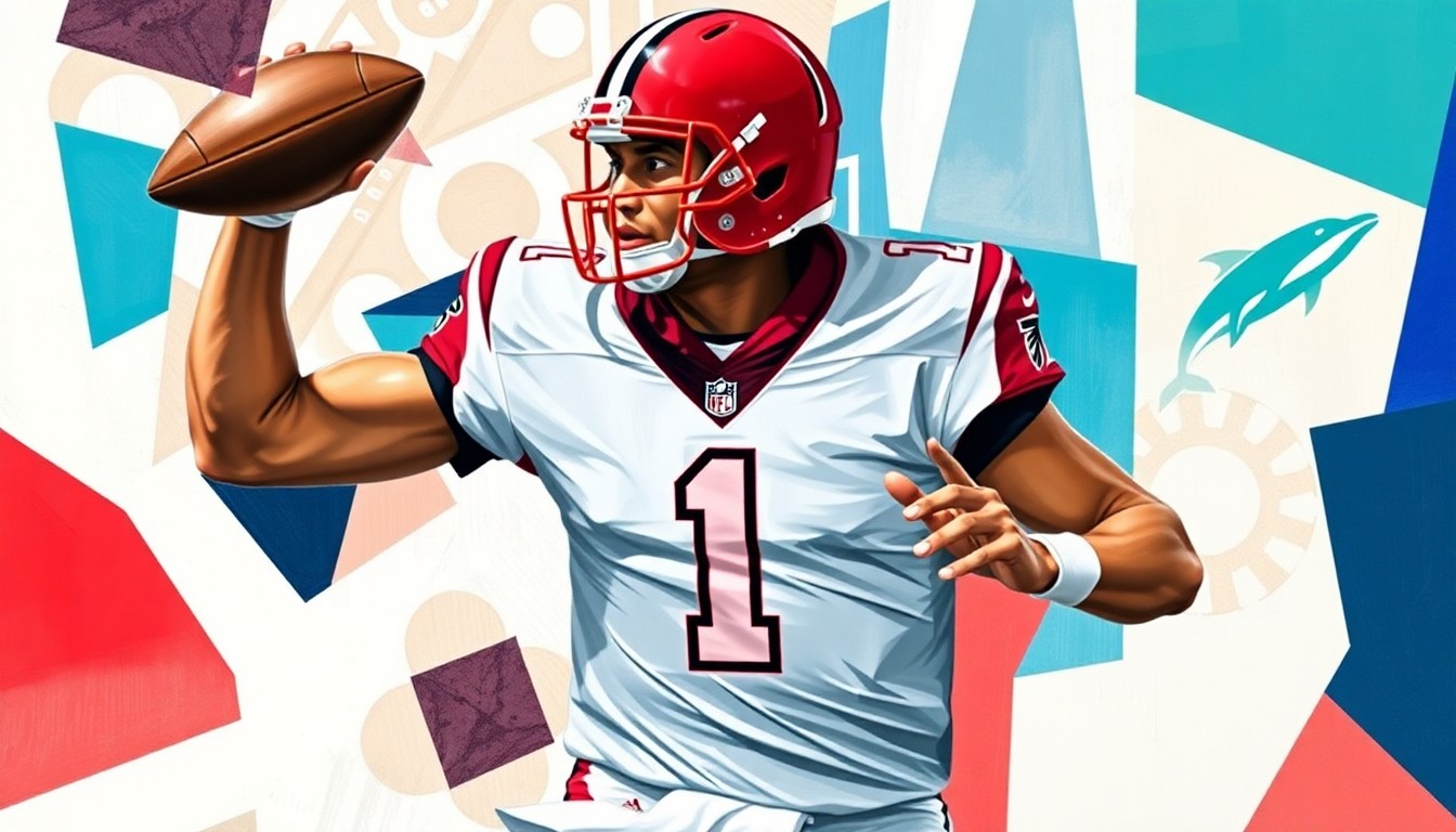 A cubist, geometric painting depicting a football quarterback in motion, with sharp, overlapping planes of color representing the official team colors of the Atlanta Falcons and Miami Dolphins. The player's jersey number '1' is visible, conceptually representing Tua Tagovailoa.