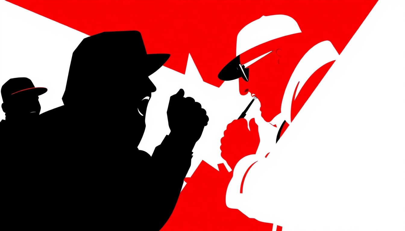 An abstract, minimalist composition using bold, jagged shapes in red, black, and white to convey the conceptual energy of a heated rap battle without depicting any specific individuals or lyrics.
