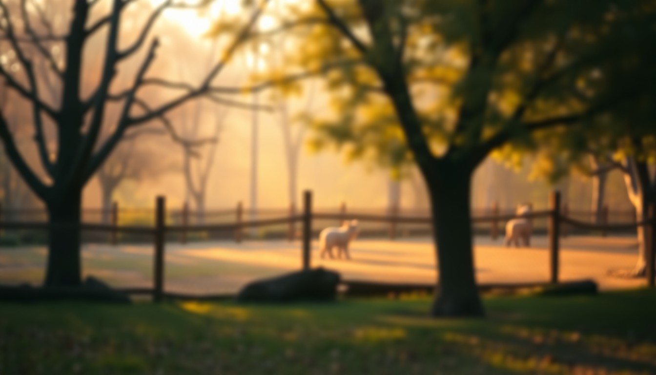An abstract, out-of-focus photograph depicting the soft, warm atmosphere of a zoo enclosure, with blurred shapes of trees, fences, and a hint of an animal in the background, conveying a sense of tranquility and connection with nature.