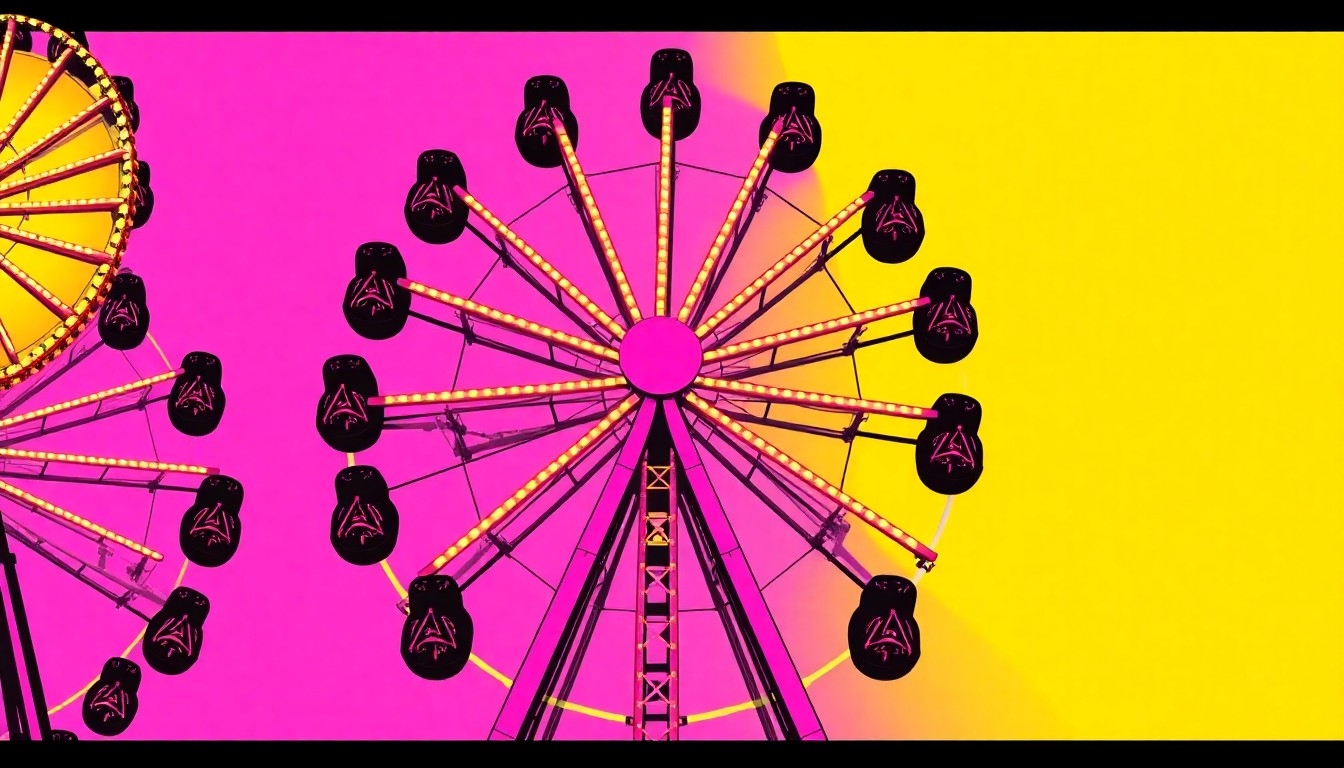 A bold, colorful silkscreen print featuring a repeated image of a Ferris wheel ride, conceptually representing the energy and excitement of a community carnival event.