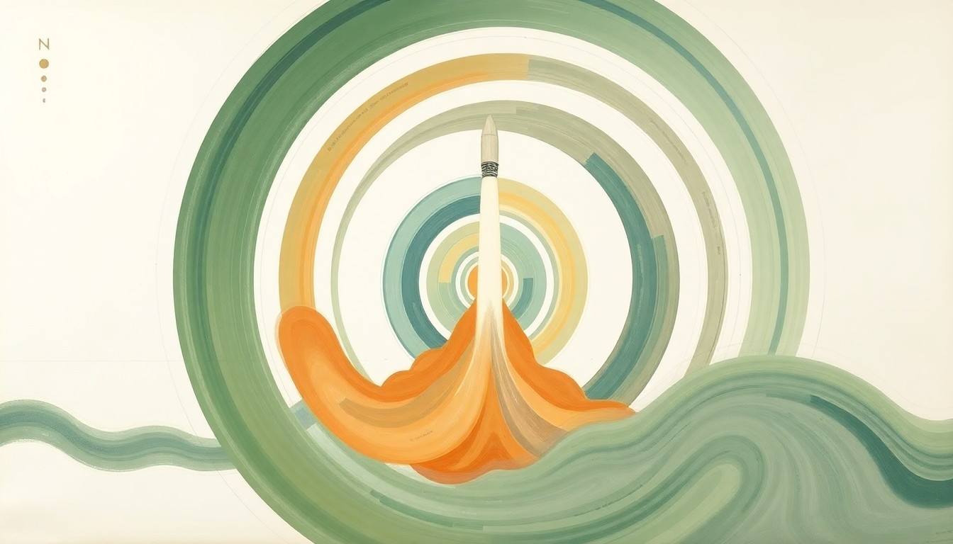 A highly textured, geometric abstract painting in earthy tones of green, blue, and orange, depicting sweeping arcs, concentric circles, and precise spirals that evoke the complex physical forces and structures of a rocket launch, without using any text or literal imagery.