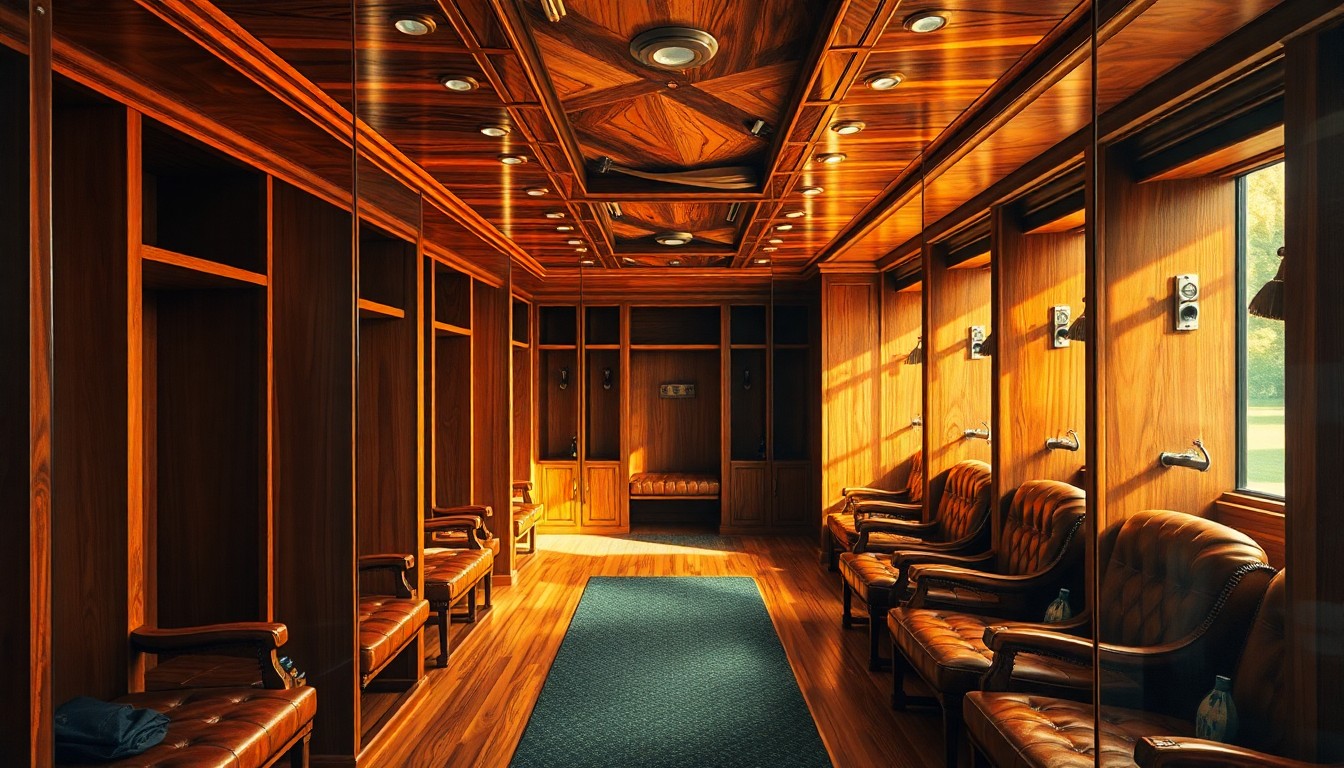A cubist, geometric painting depicting the interior of an elite golf locker room, with warm wood tones, rich leather, and glowing metal accents fractured into overlapping planes.