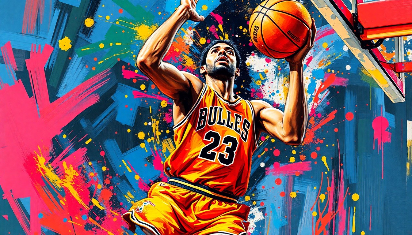 An abstract, expressionist painting in vibrant neon colors depicting the dynamic motion of a basketball player driving to the hoop, their face and jersey blurred into unrecognizable brushstrokes, conveying the raw energy and excitement of the NCAA Tournament.