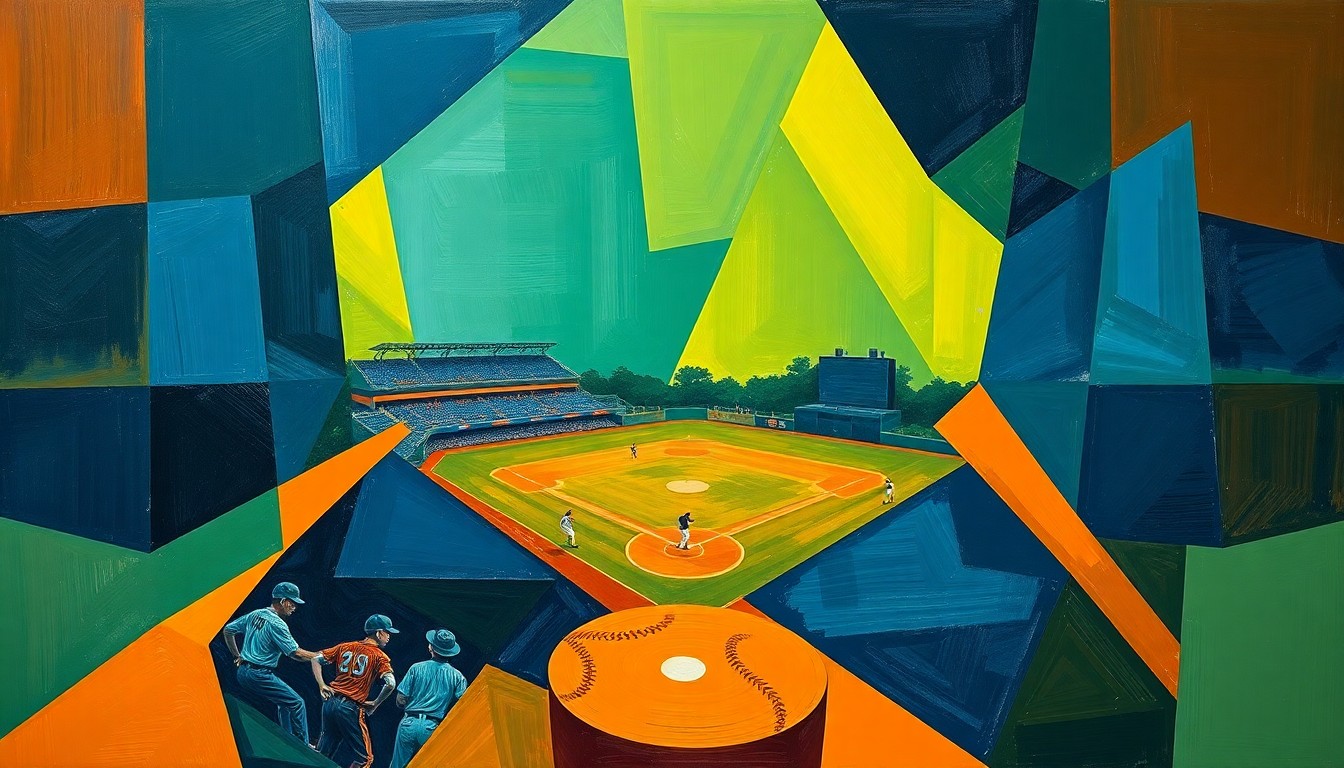 A fragmented, geometric painting depicting a high school baseball game, with sharp planes of color representing the players, field, and action on the diamond.