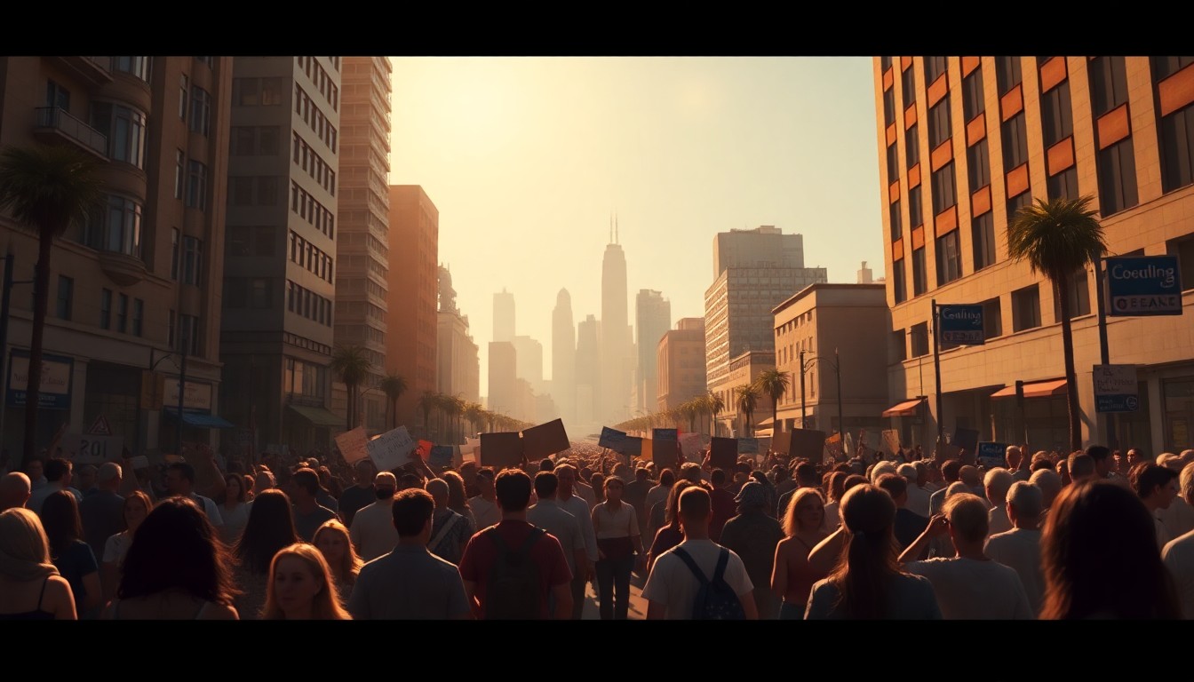 A textured, cinematic painting of a large crowd of protesters marching through a sunlit downtown Los Angeles street, with the city skyline visible in the background, conveying the passionate opposition to a proposed monarchy.