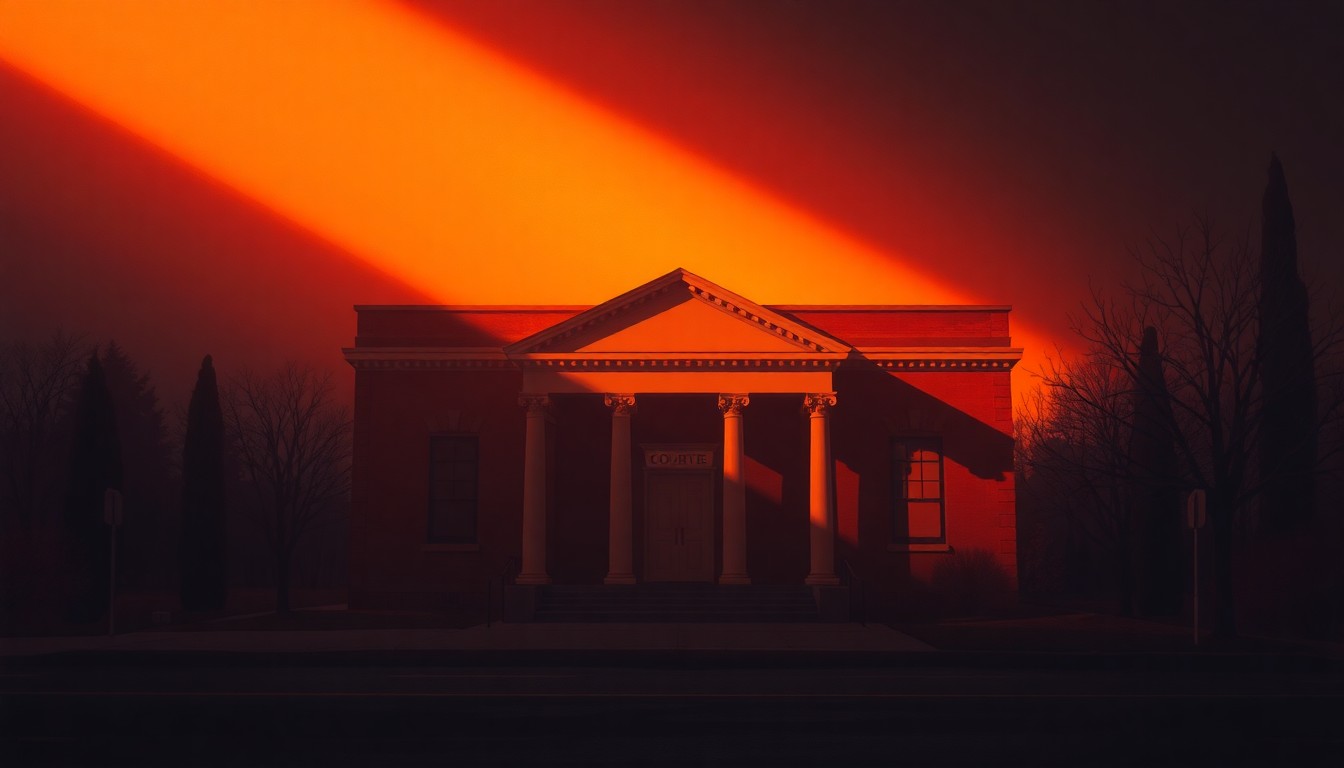 A serene, photorealistic painting of a stately courthouse building, its facade and windows casting long shadows across the sidewalk in the warm glow of the afternoon sun.