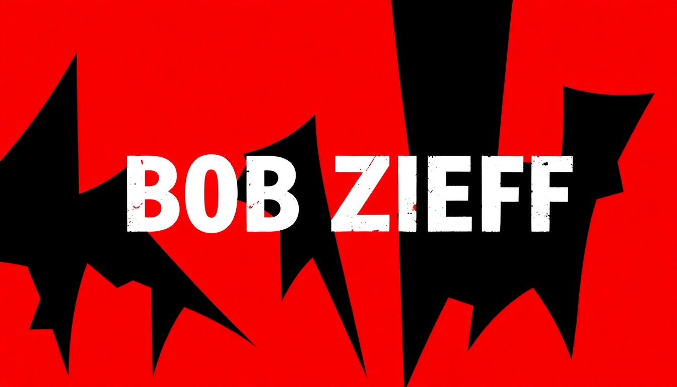 An abstract, minimalist illustration featuring stark black silhouettes of musical instruments and shapes against a bright red background, representing the innovative and influential legacy of jazz composer Bob Zieff.