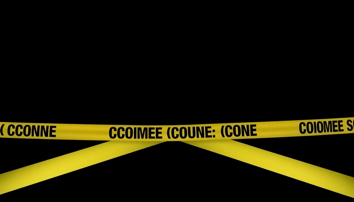 An extreme close-up photograph of yellow and black police crime scene tape against a stark, pitch-black background, creating a gritty, investigative aesthetic through the use of harsh, direct flash lighting.