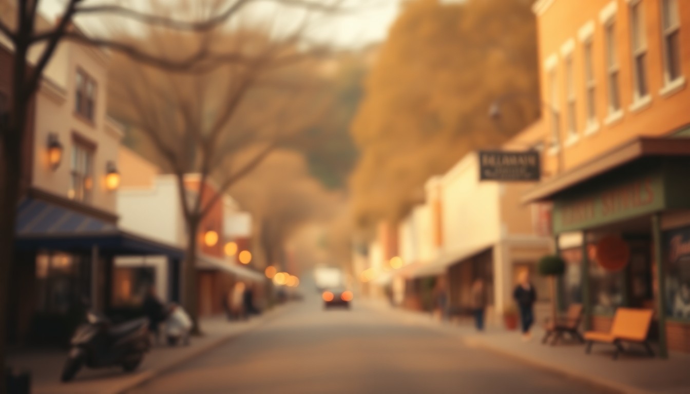 An extremely abstracted, out-of-focus photograph in soft pools of warm color and light, depicting a hazy, nostalgic scene of a small-town main street, conceptually representing the sense of community and shared history surrounding the passing of a local resident.
