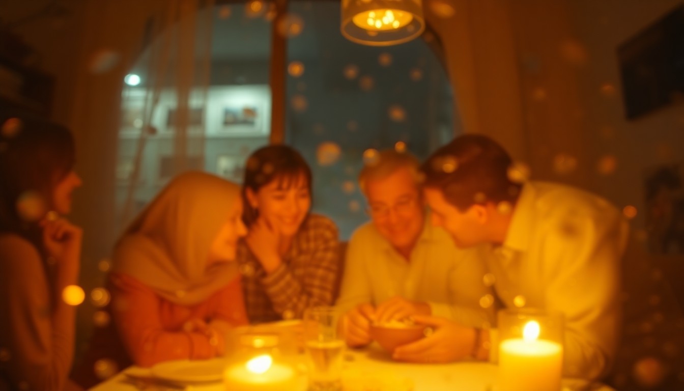 An abstract, out-of-focus image in warm tones, depicting a blurred scene of a family gathering or intimate moment, conveying a sense of nostalgia and remembrance.