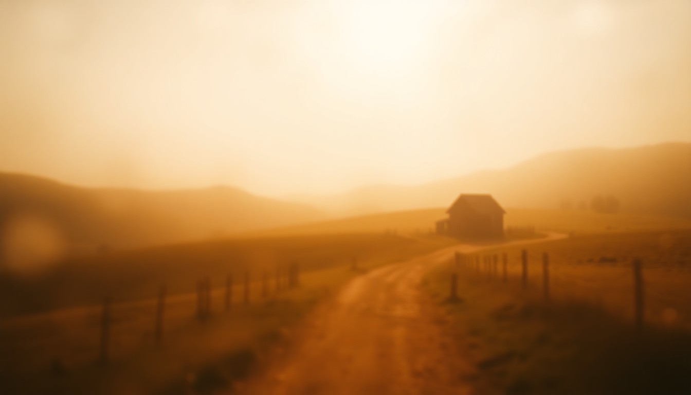 An impressionistic, out-of-focus photograph depicting a serene country scene with rolling hills, a winding dirt road, and a wooden farmhouse in the distance, all bathed in soft, warm light, conceptually representing the tranquil natural world that Carnell Lee Harris loved.