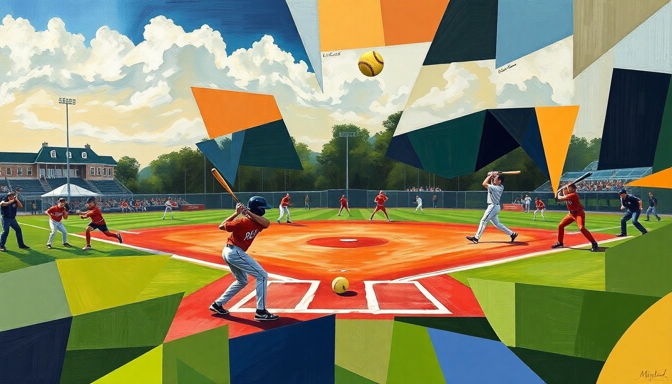 A fragmented, geometric painting depicting the action and energy of a high school softball game, with overlapping planes of players, bats, balls, and the field.