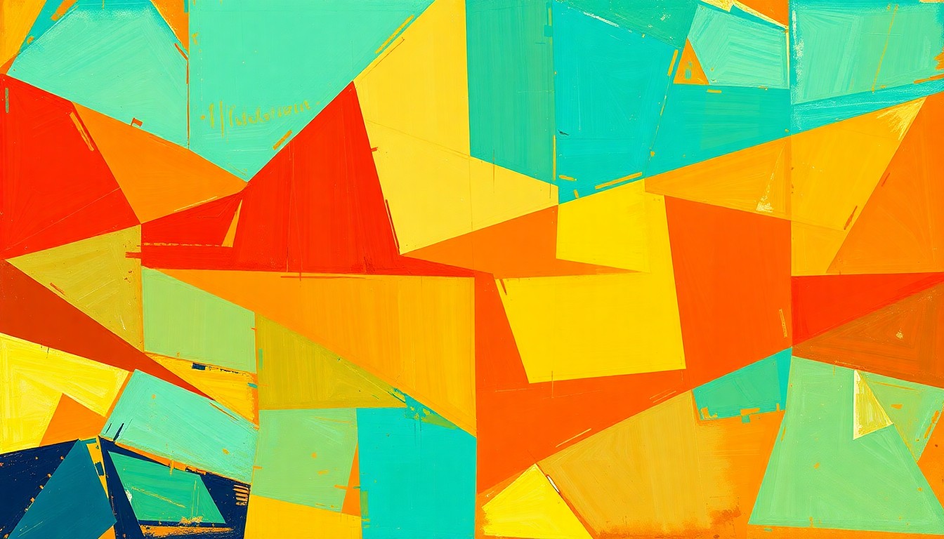 A cubist, geometric painting in warm desert colors depicting fragmented, overlapping scenes of a basketball game, conceptually representing the Arizona Wildcats' dramatic comeback win over Purdue.