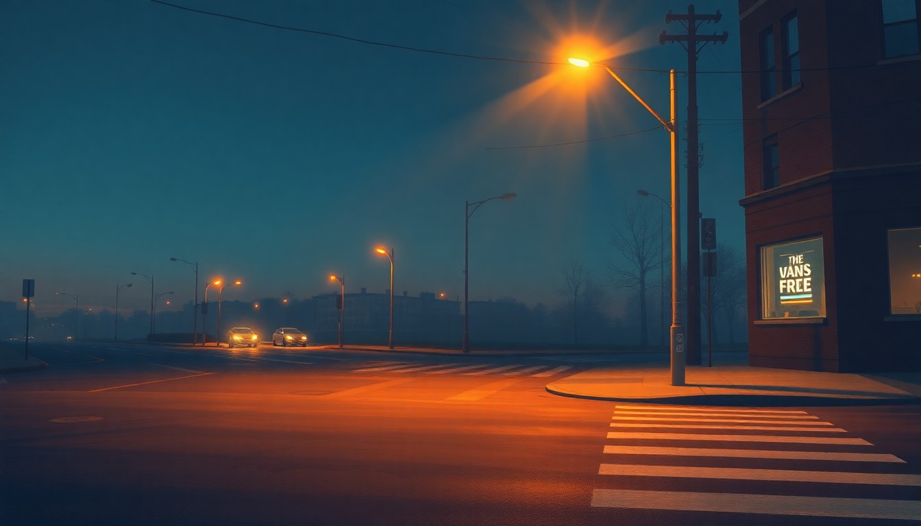 A dimly lit, cinematic painting of an empty city street corner at dusk, with a single streetlight casting warm, diagonal shadows across the pavement, creating a sense of quiet contemplation around the complex legacy of a revered civil rights leader.