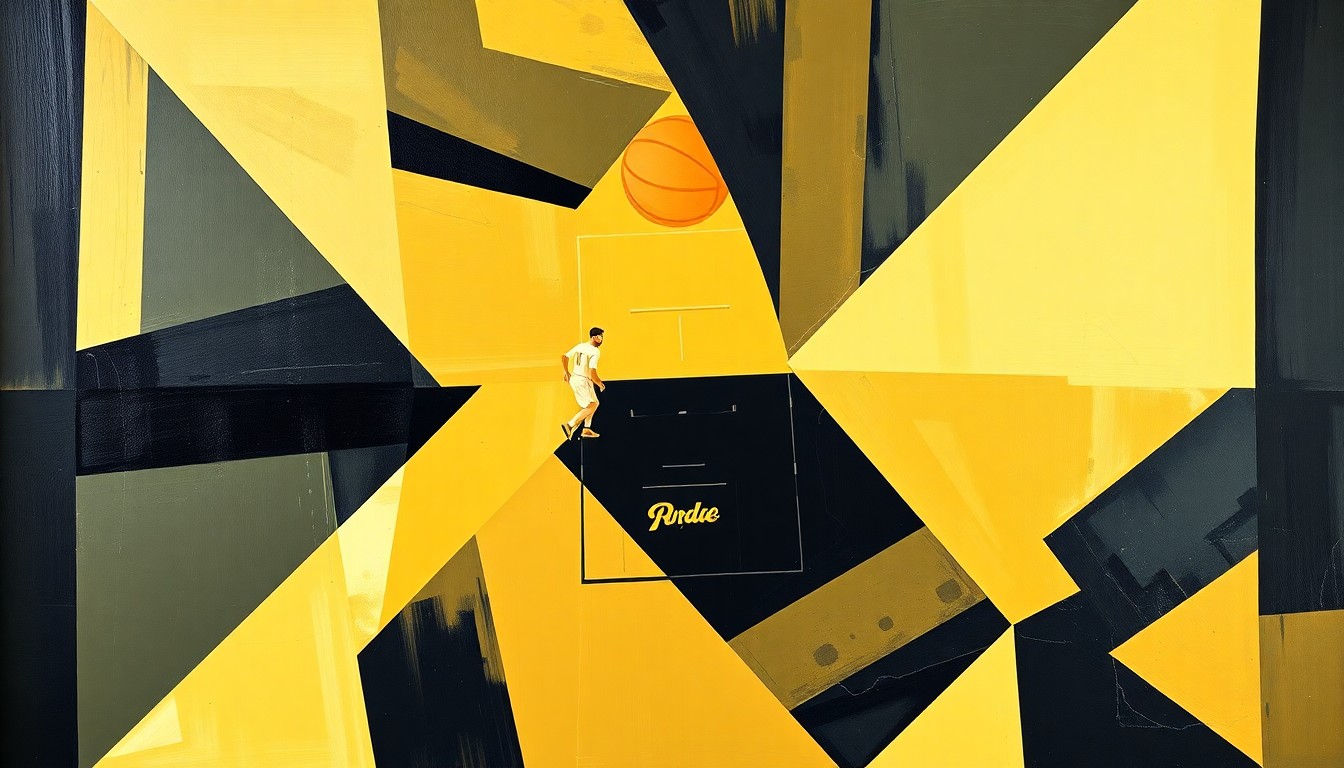 A cubist, geometric painting depicting a fragmented basketball game, with sharp planes of Purdue's gold and black colors representing the emotional end to the seniors' college careers.