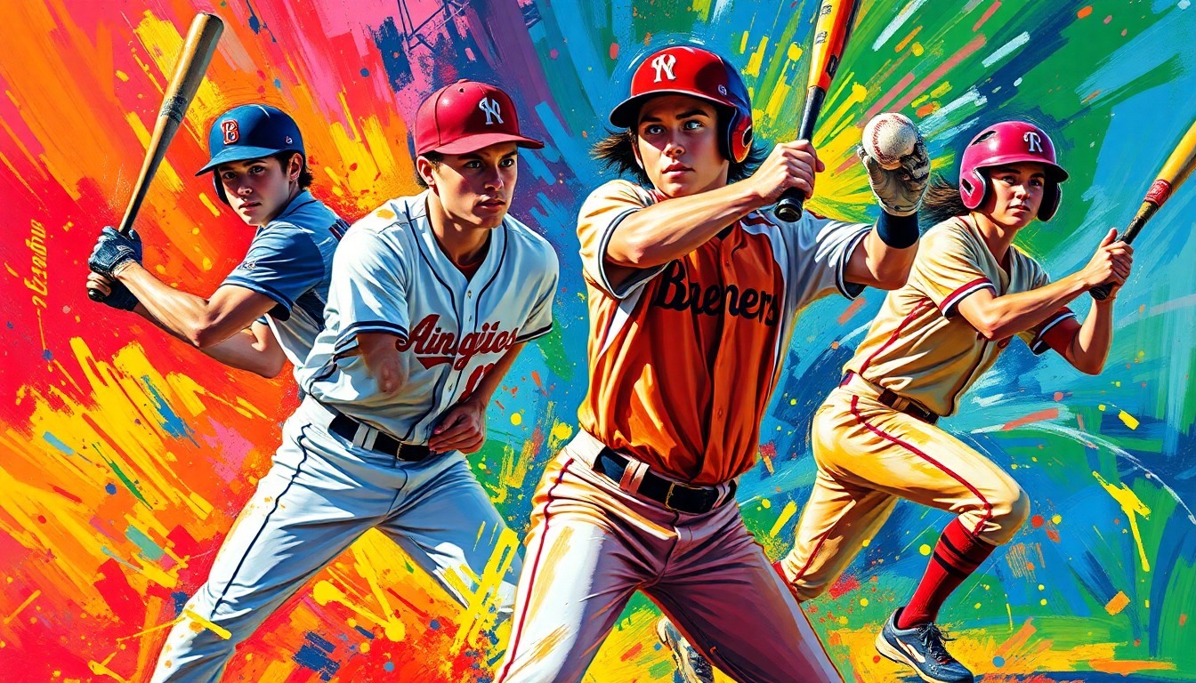 An abstract, energetic painting featuring bold brushstrokes in neon colors, capturing the dynamic motion and excitement of high school baseball and softball players in action.