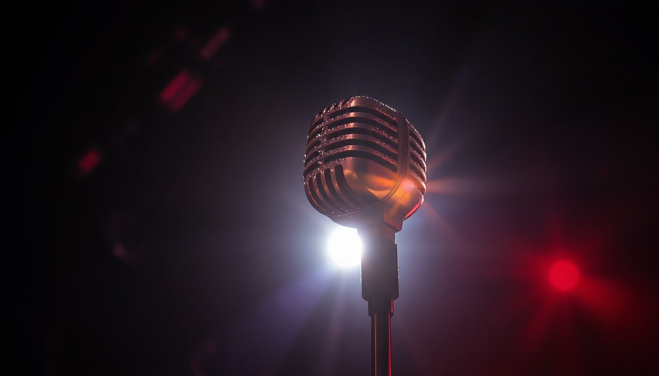 An extreme close-up photograph of a shimmering, glittering microphone stand in a dimly lit music venue, capturing the glamour and energy of an intimate live performance.