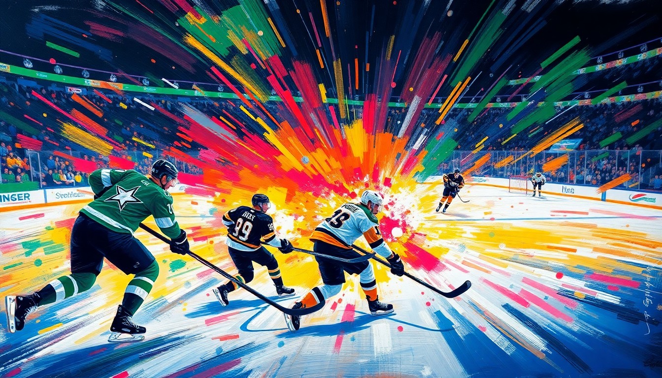 An abstract, energetic painting featuring bold brushstrokes in neon shades of blue, red, and yellow, capturing the intensity and movement of a hockey game.
