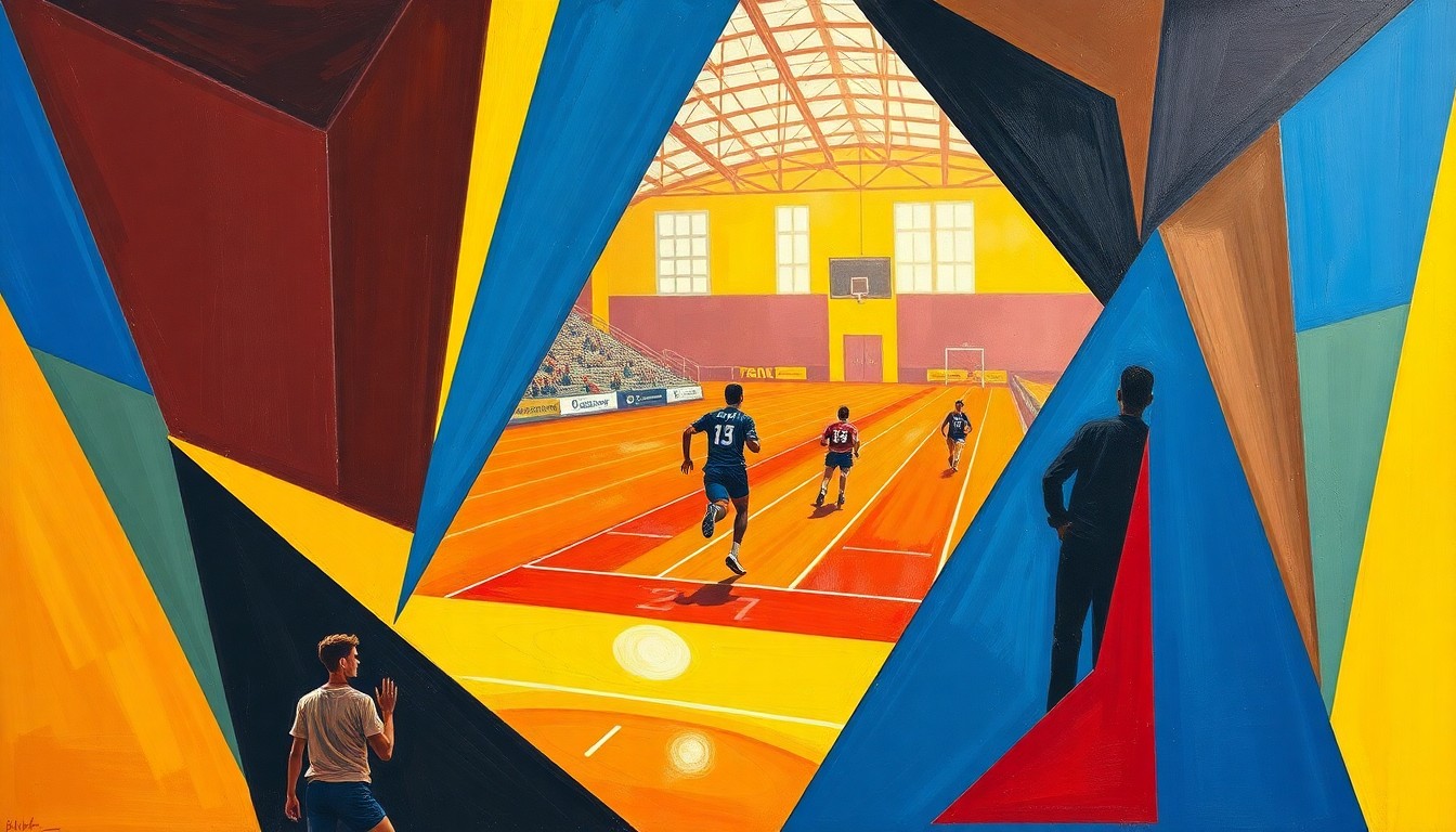 A cubist-style painting featuring fragmented geometric shapes in bright colors, representing the motion and intensity of an indoor track and field competition.