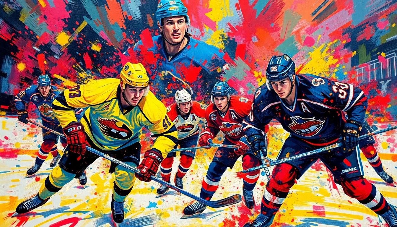 An abstract, energetic painting with bold brushstrokes and neon colors, capturing the intense action and emotion of a hockey game between two teams.