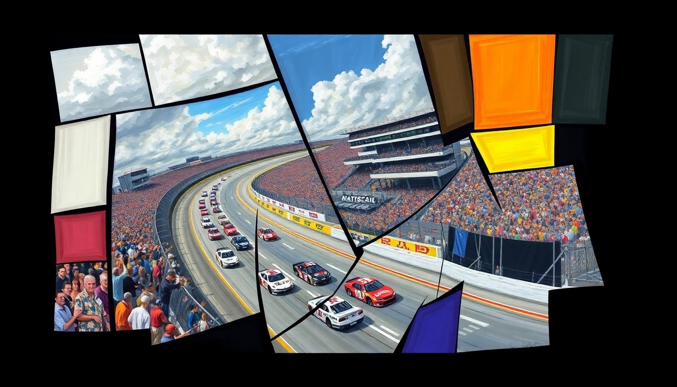 A cubist, geometric painting depicting the chaos and intensity of a NASCAR race at Martinsville Speedway, with overlapping planes of color and shape representing the cars, track, and action.