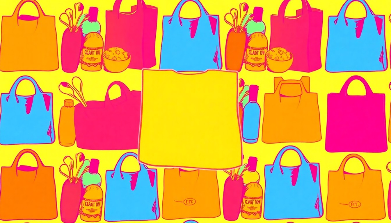 A brightly colored, high-contrast silkscreen print of a reusable grocery bag in a repeating grid pattern, conceptually representing the iconic status and community-driven values of San Francisco's Rainbow Grocery Cooperative.