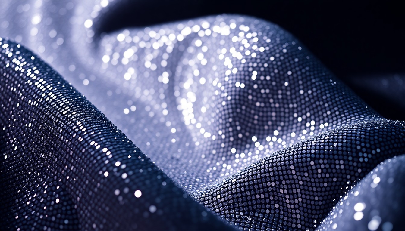 An abstract close-up photograph of shimmering sequins and luxurious velvet textures, bathed in dramatic, high-contrast studio lighting to create a glamorous, high-fashion aesthetic that evokes the classic Hollywood era.
